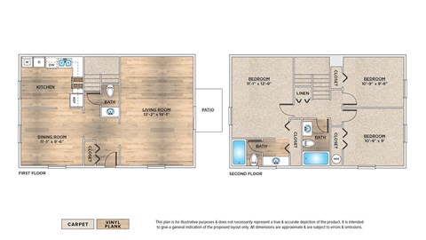Floor plan for 3 beds, 2.5 baths, 1238 sqft